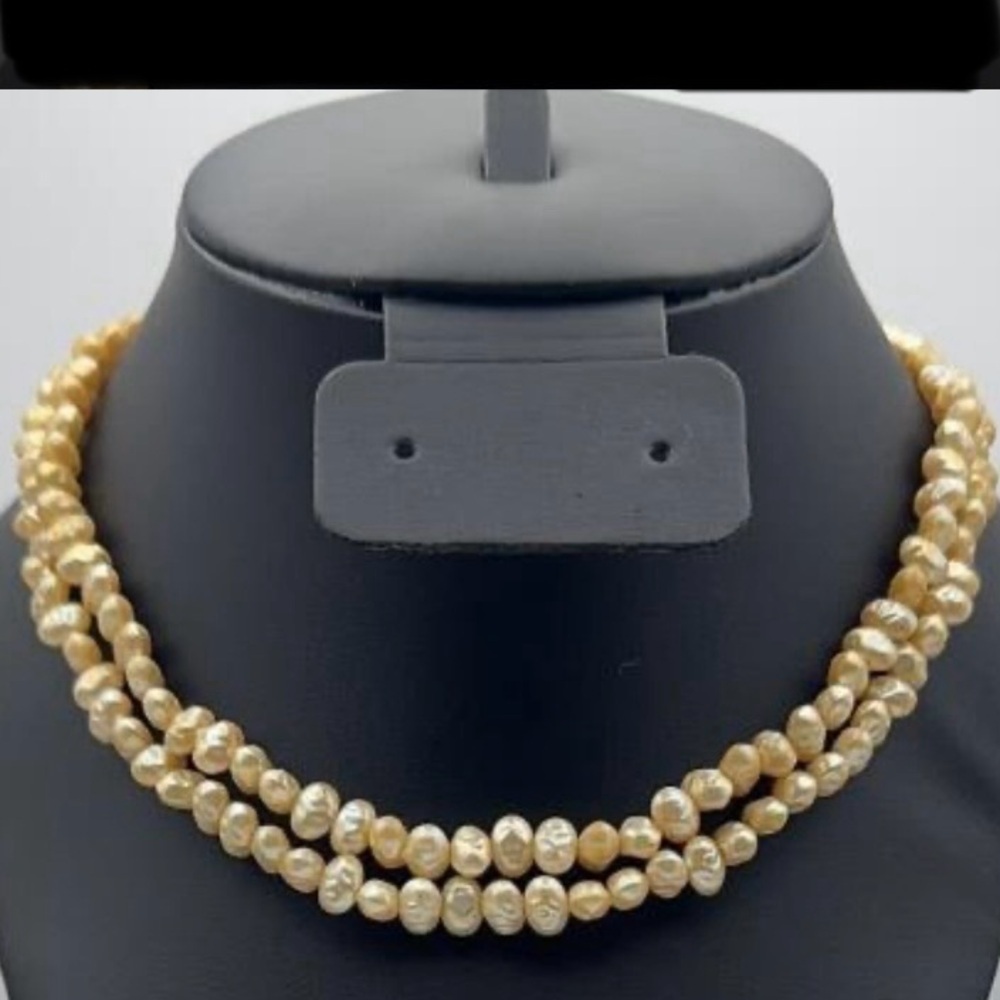 Vintage Yellow Pearl Double Strand Choker Necklace 16" w/ Gold Tone Clasp
